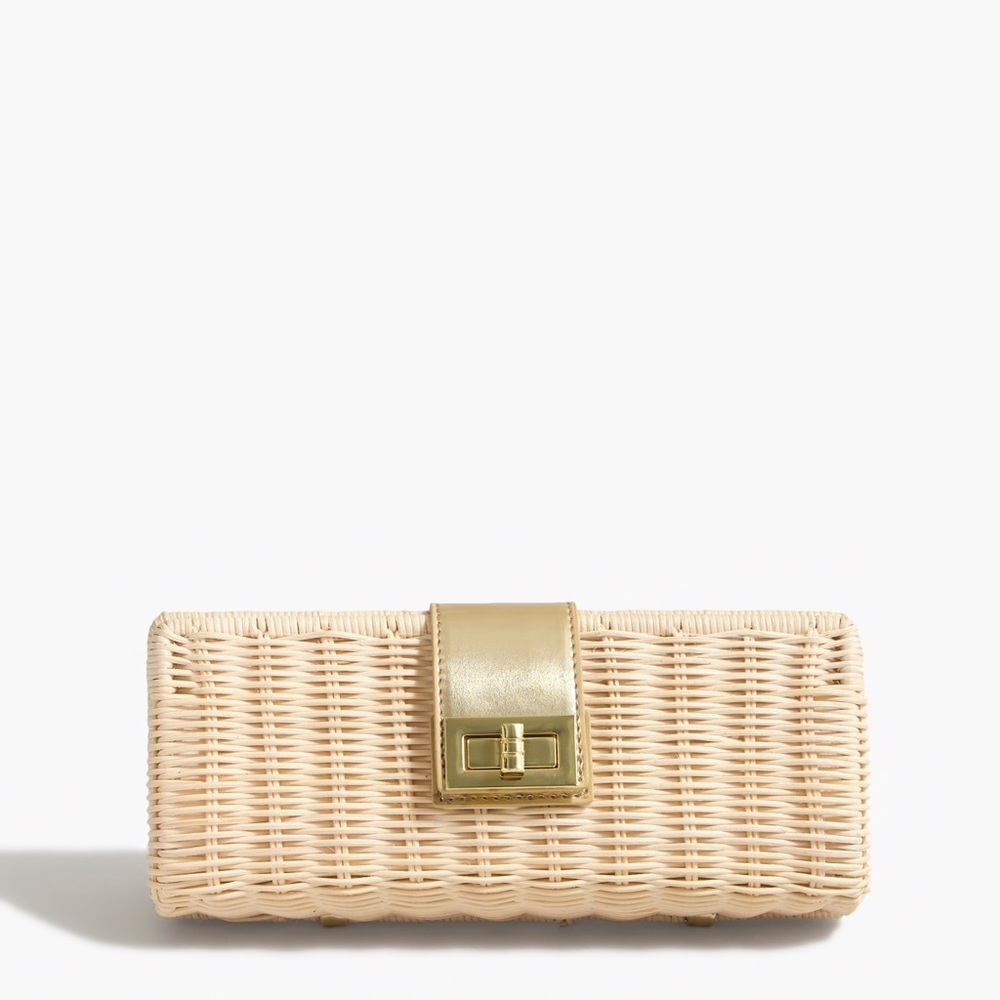 NEW! J CREW Fan Rattan straw clutch